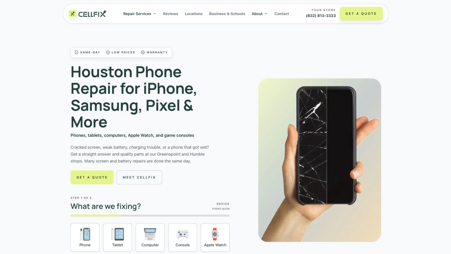 CellFix Houston phone repair website homepage
